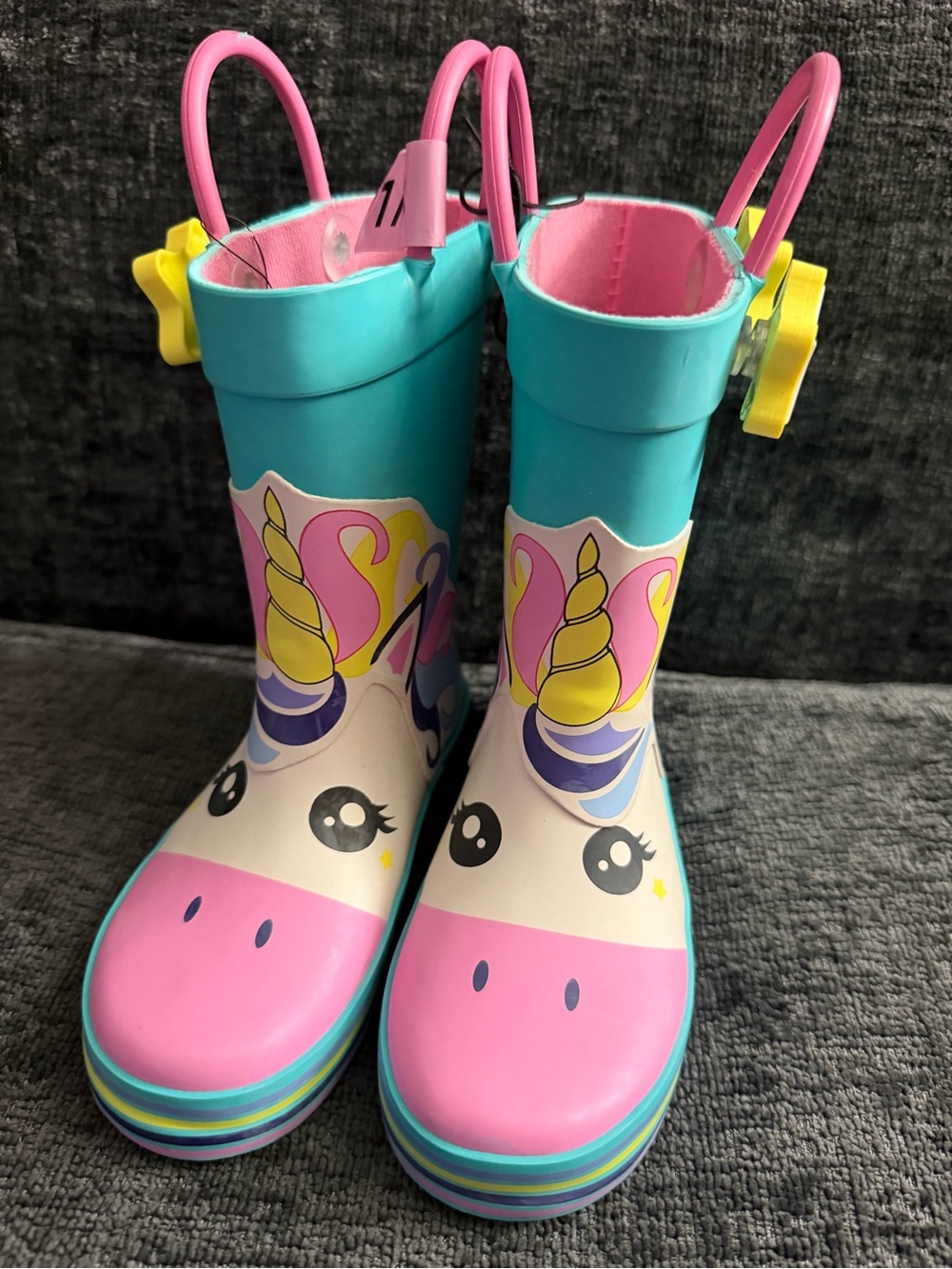 Kids Unicorn Rain Boots - Pink, Teal & White size 7/8